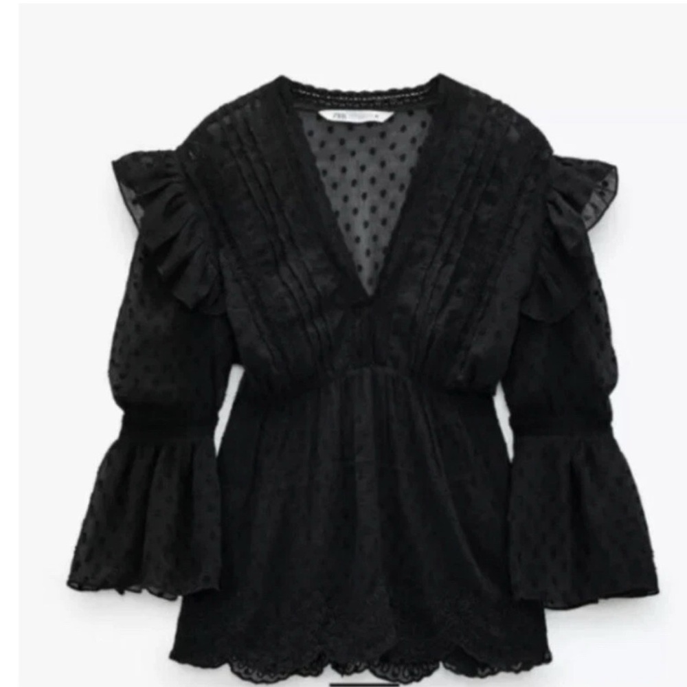 Zara Women’s Swiss Dot Ruffle Black Blouse Elegant Black Size Medium